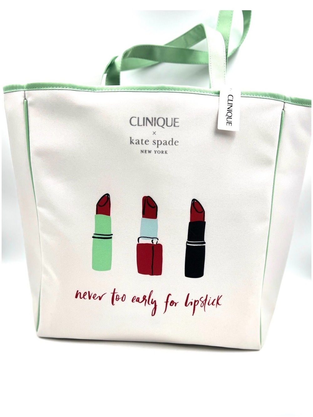New Clinique x Kate Spade White Tote Mint Trim Bag Never Too Early For Lipstick